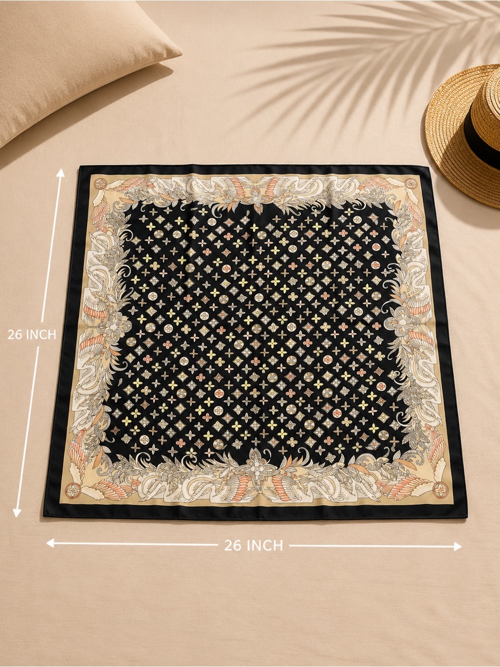 Black and Cream Patterned Silk-Look Scarf